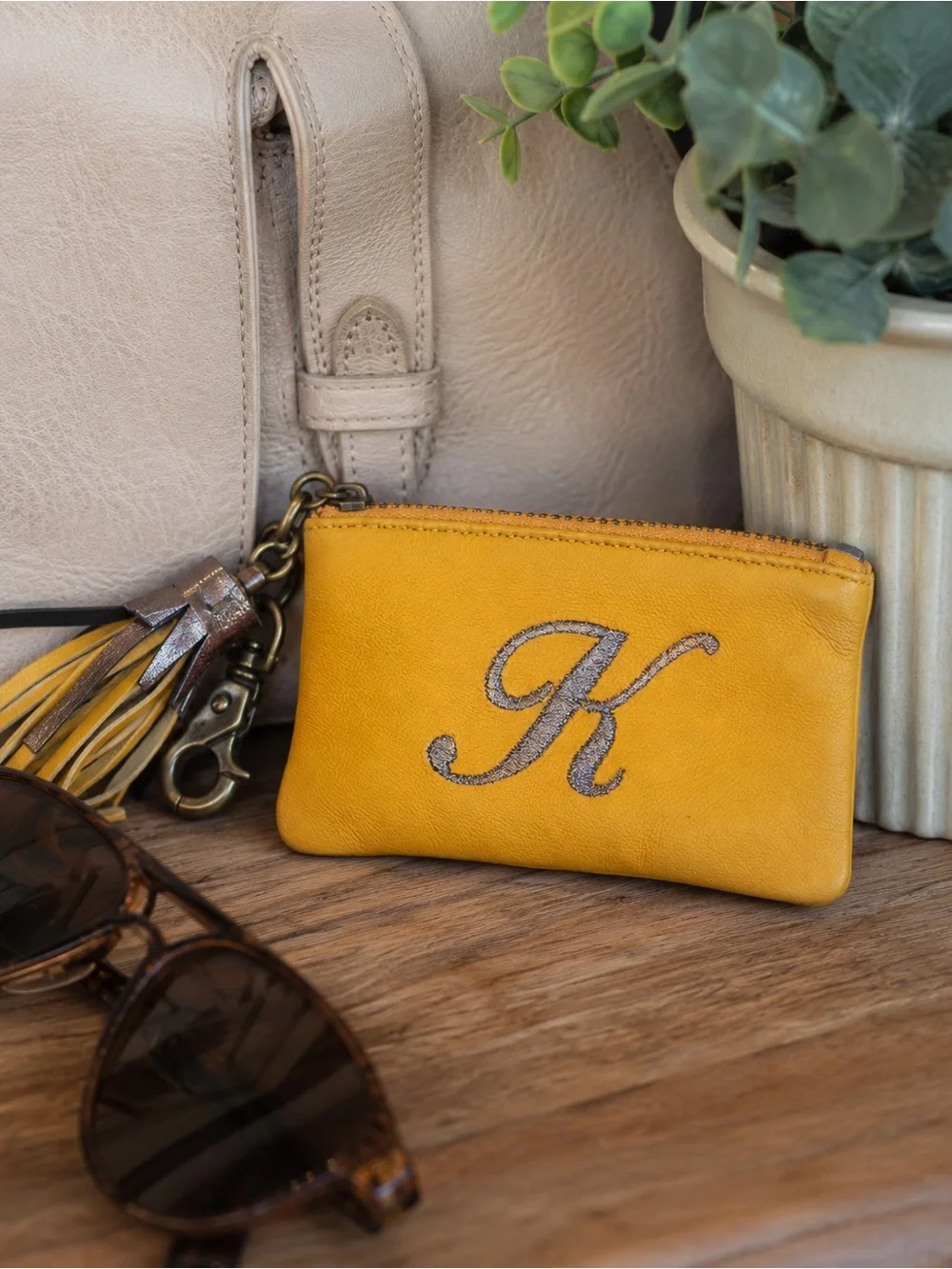 Anthropologie Monogram “K” Leather Coin Pouch Keychain Tassel Mustard Yellow NWT